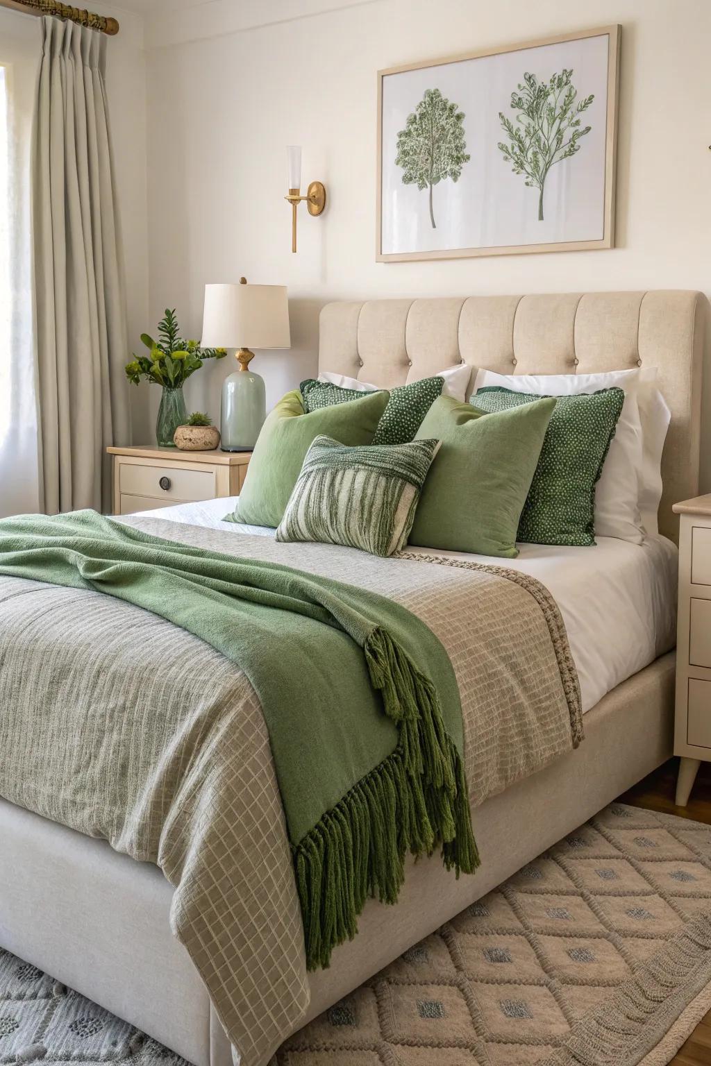 Verdant bedding accents rejuvenate the bedroom ambiance.