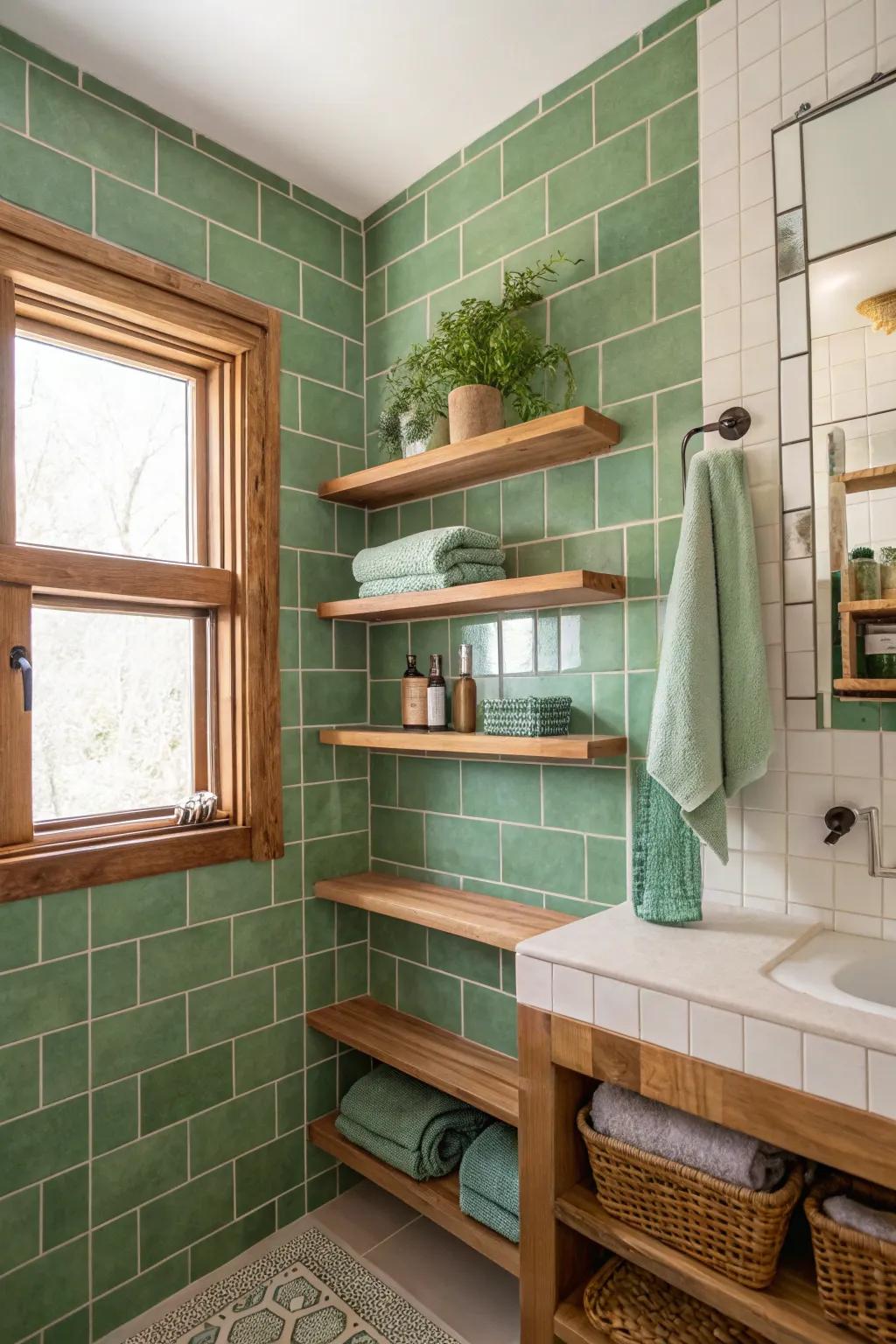 The combination of <strong><em>green</em></strong> tiles and wood achieves a balanced and earth-inspired atmosphere.” loading=”lazy” class=”pimg”>
	</picture><figcaption>The combination of <strong><em>green</em></strong> tiles and wood achieves a balanced and earth-inspired atmosphere.</figcaption></figure>
<p>When you integrate wood features with <strong><em>green</em></strong> tiles, it evokes a cozy, organic atmosphere. I often suggest this pairing to patrons who are looking for a harmonious mix of modern and country feelings.</p>
<h3>You might give these a try:</h3>
<ul class=