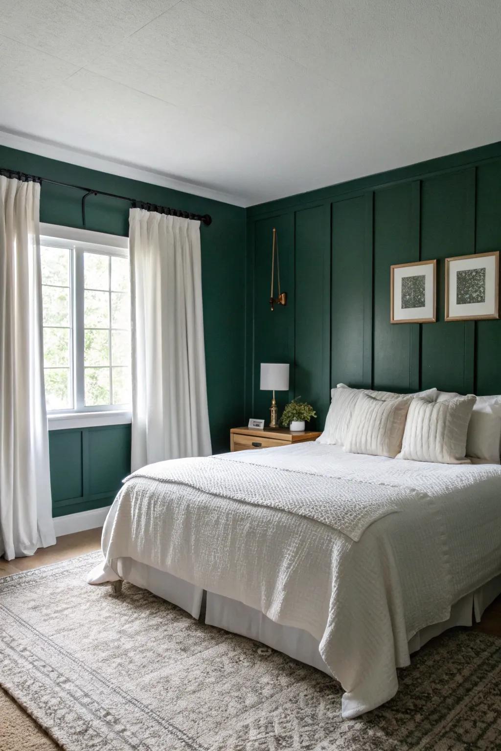 A modern bedroom displaying the contrast between deep green walls and white features.