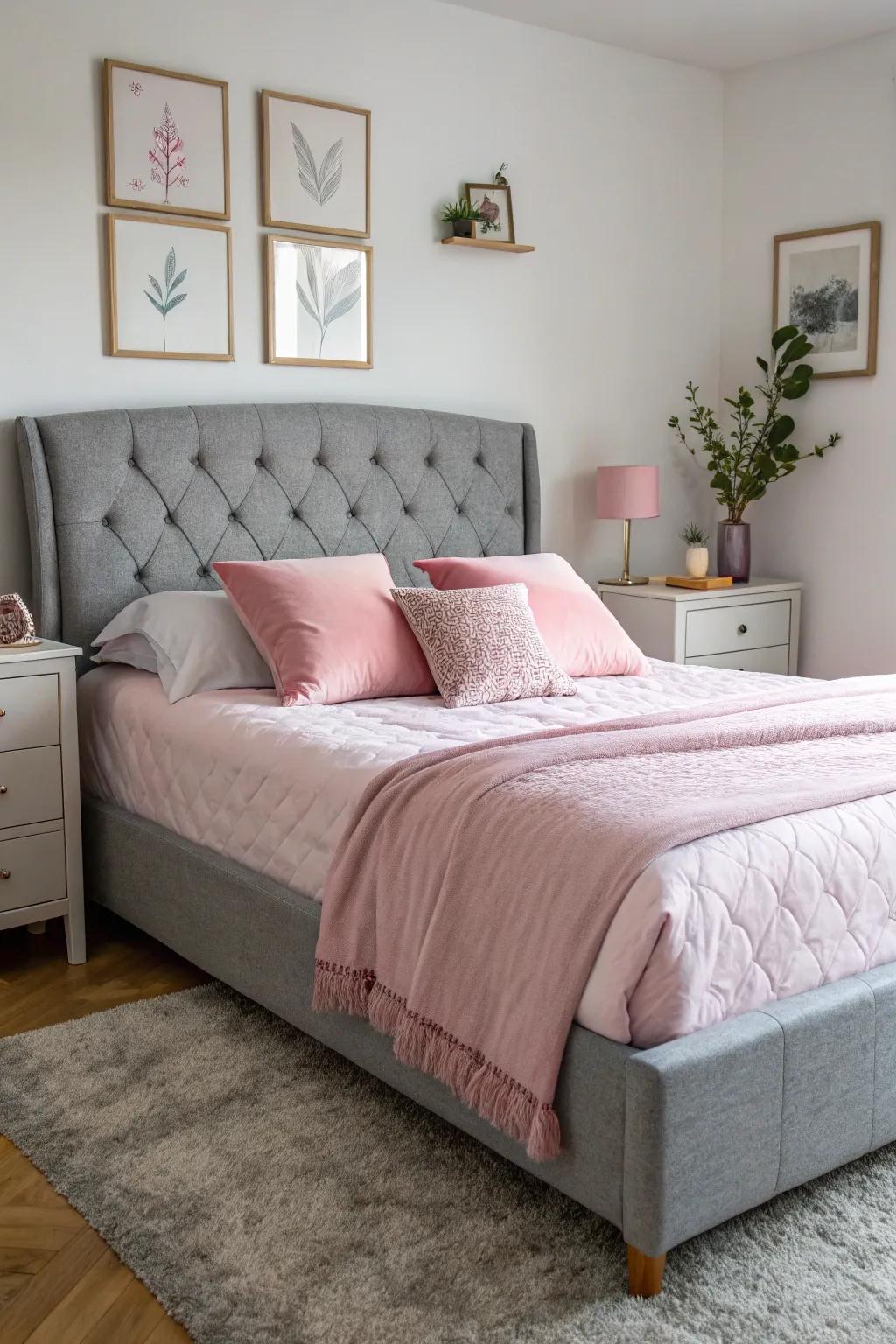 Grey furniture serves as a chic foundation for pink accents.