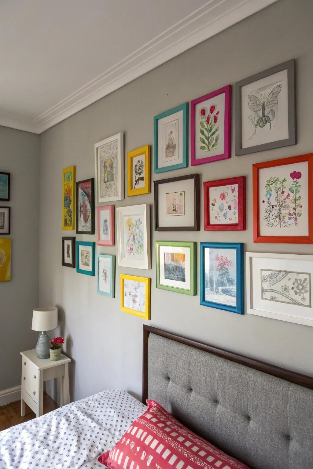 Grey walls enable artwork to pop.