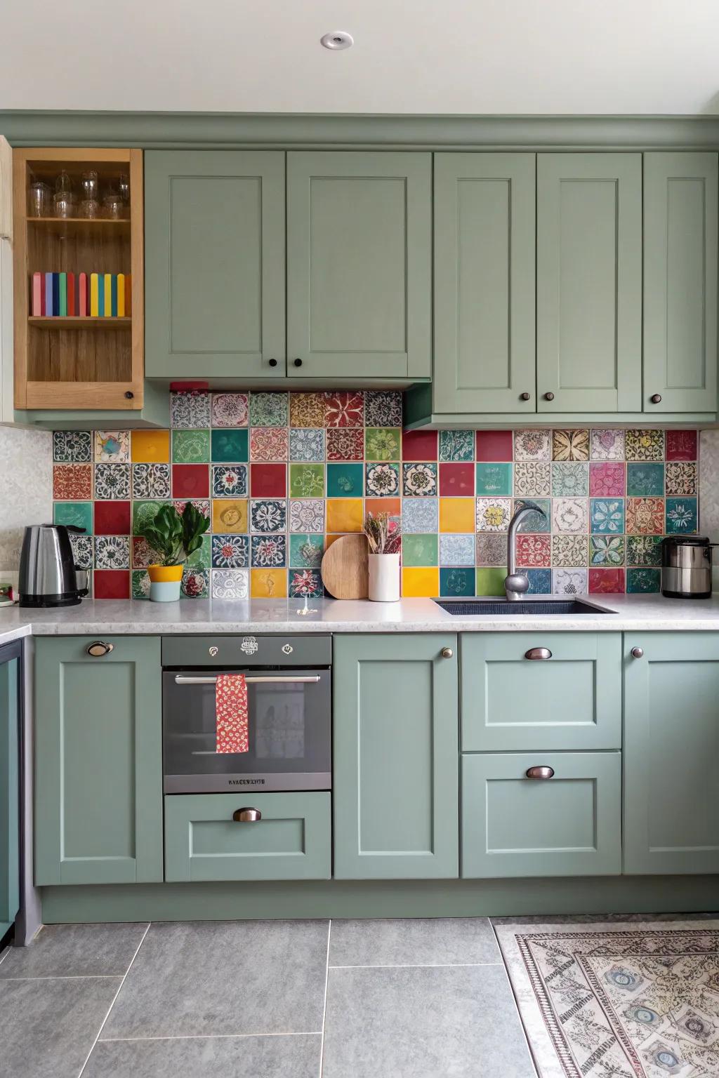 A vibrant backdrop adds a pop of color to grey-green cabinets.
