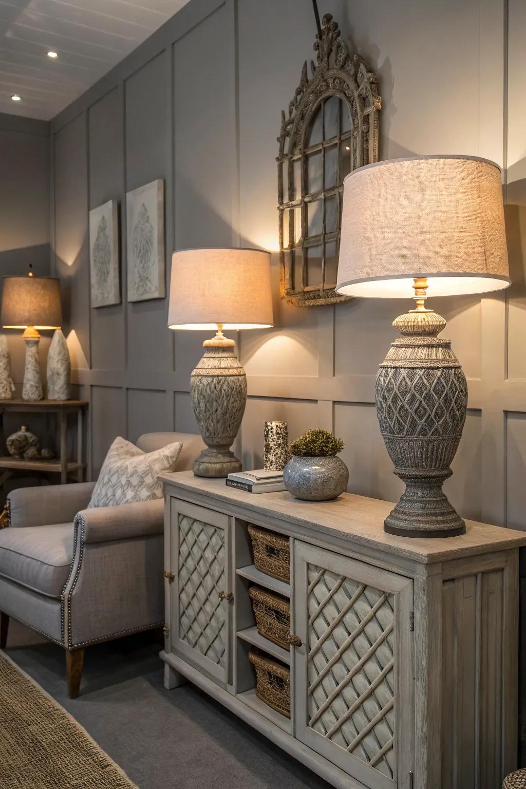 Graded illumination infuses warmth into this grey-themed room.
