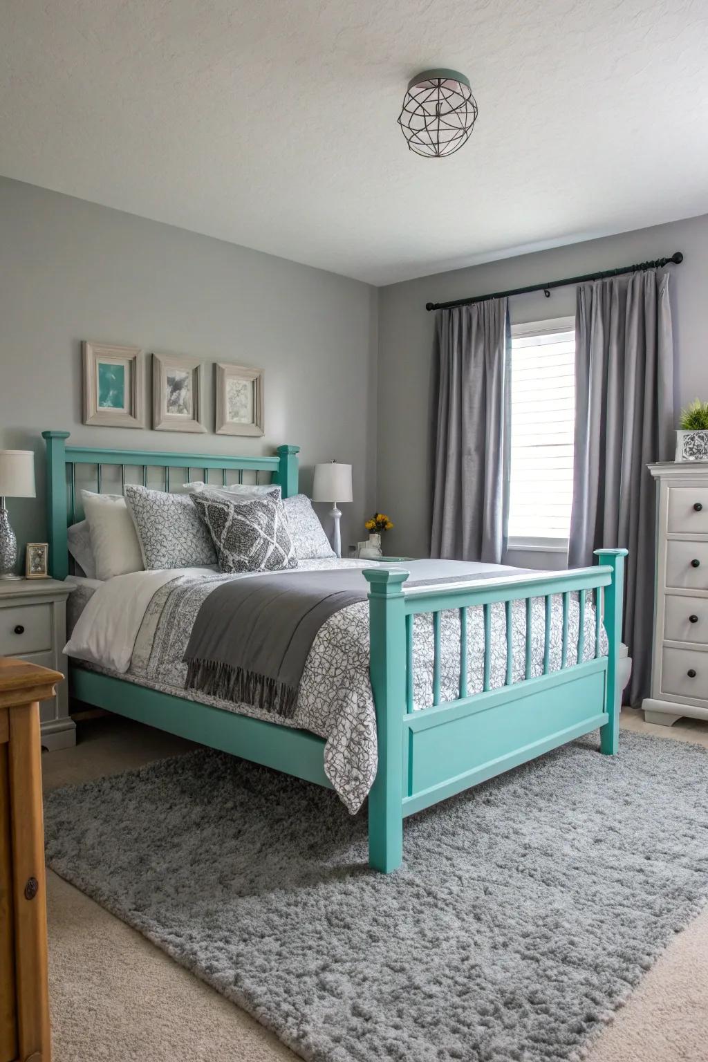 A turquoise bed structure establishes a stunning point of focus in a grey-themed area.