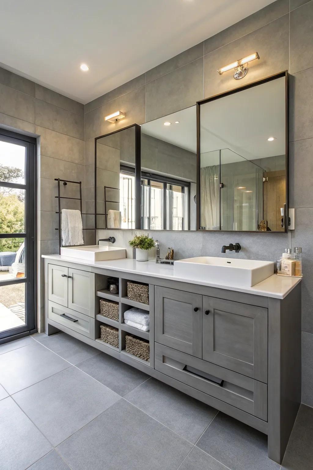 Twin washstands supply both functionality and panache in joint restrooms.