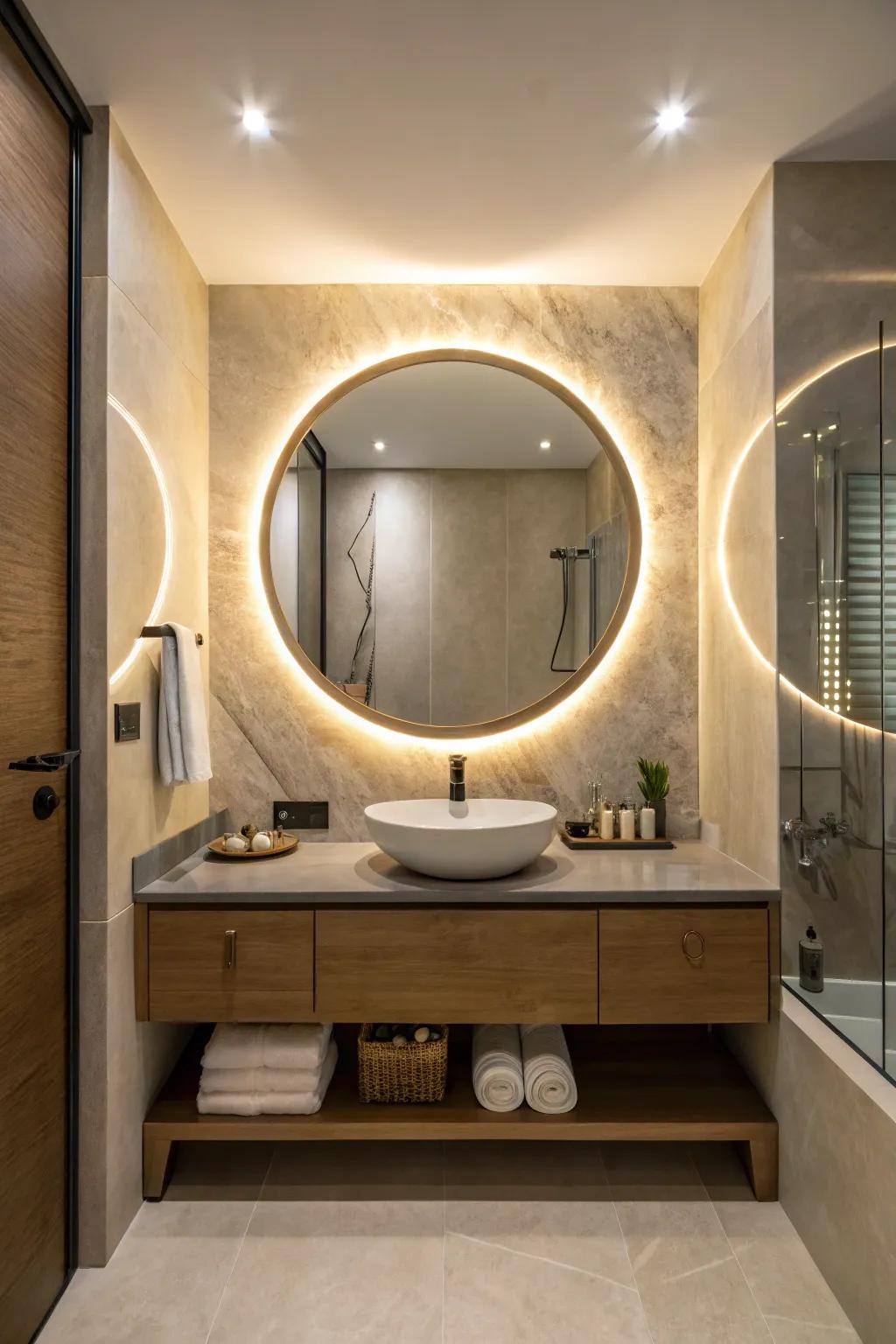 An eye-catching mirror becomes the center of attention in this modern bathroom.