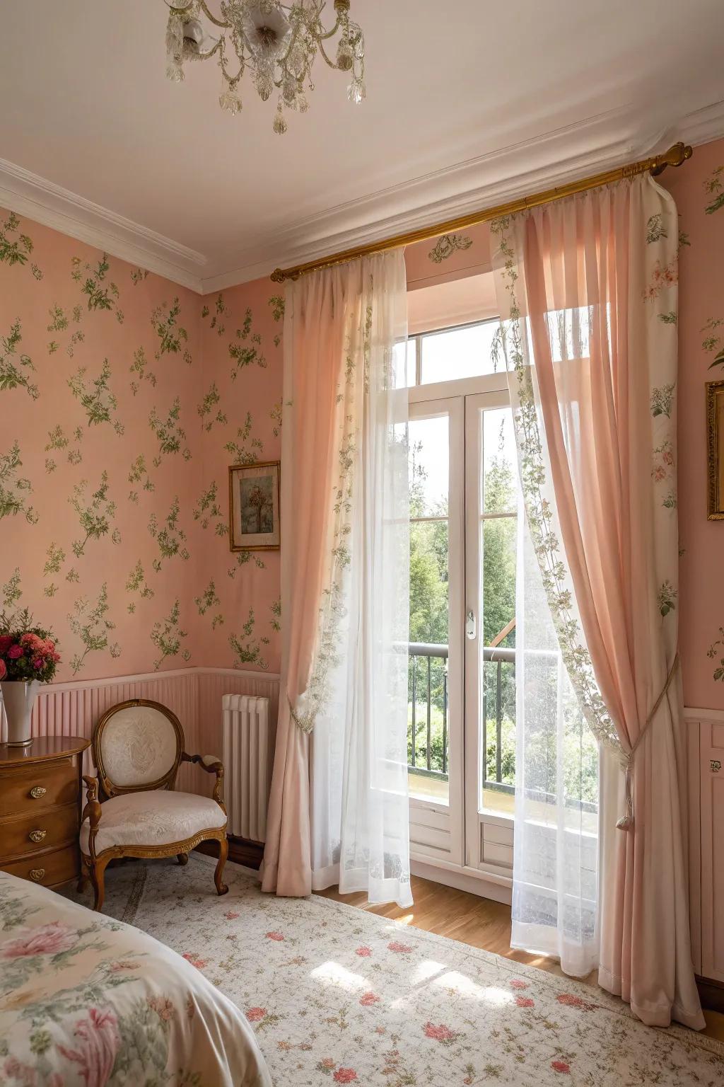 A guest room illuminated with peach pink shades for a welcoming atmosphere.