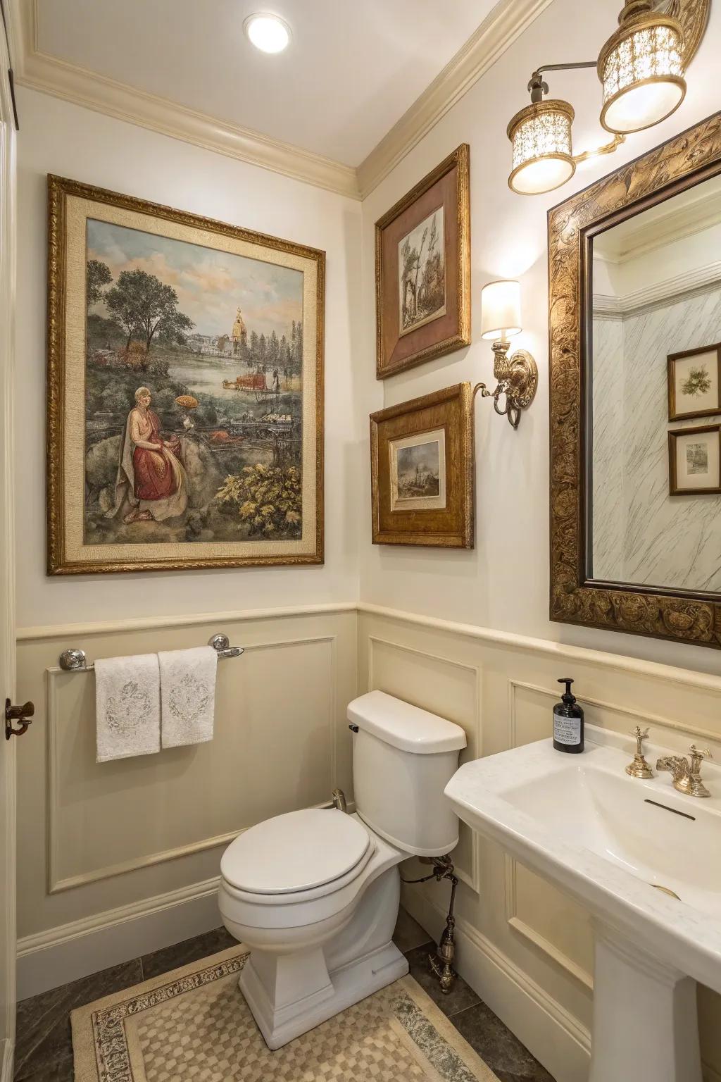 Old-fashioned art gives a unique feeling to your powder room.