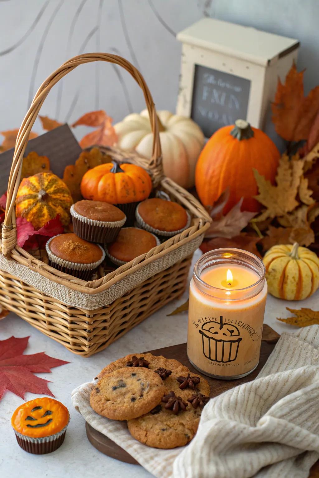 A pumpkin spice lover's fantasy presented in a festive Halloween basket.