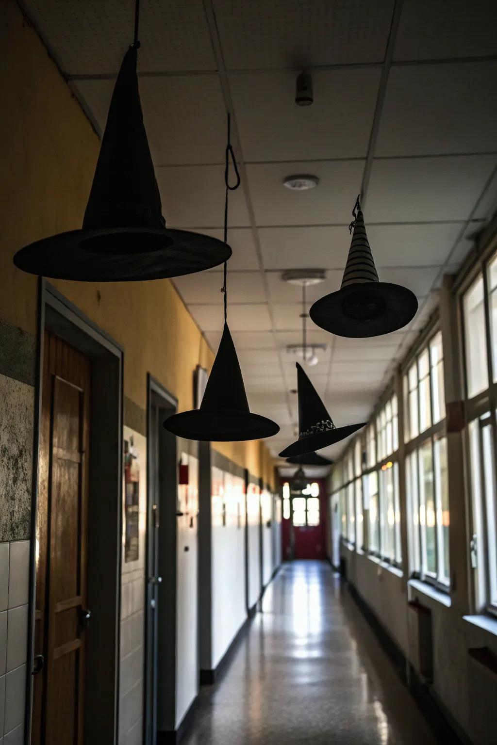 Floating witch hats bring a paranormal feel.