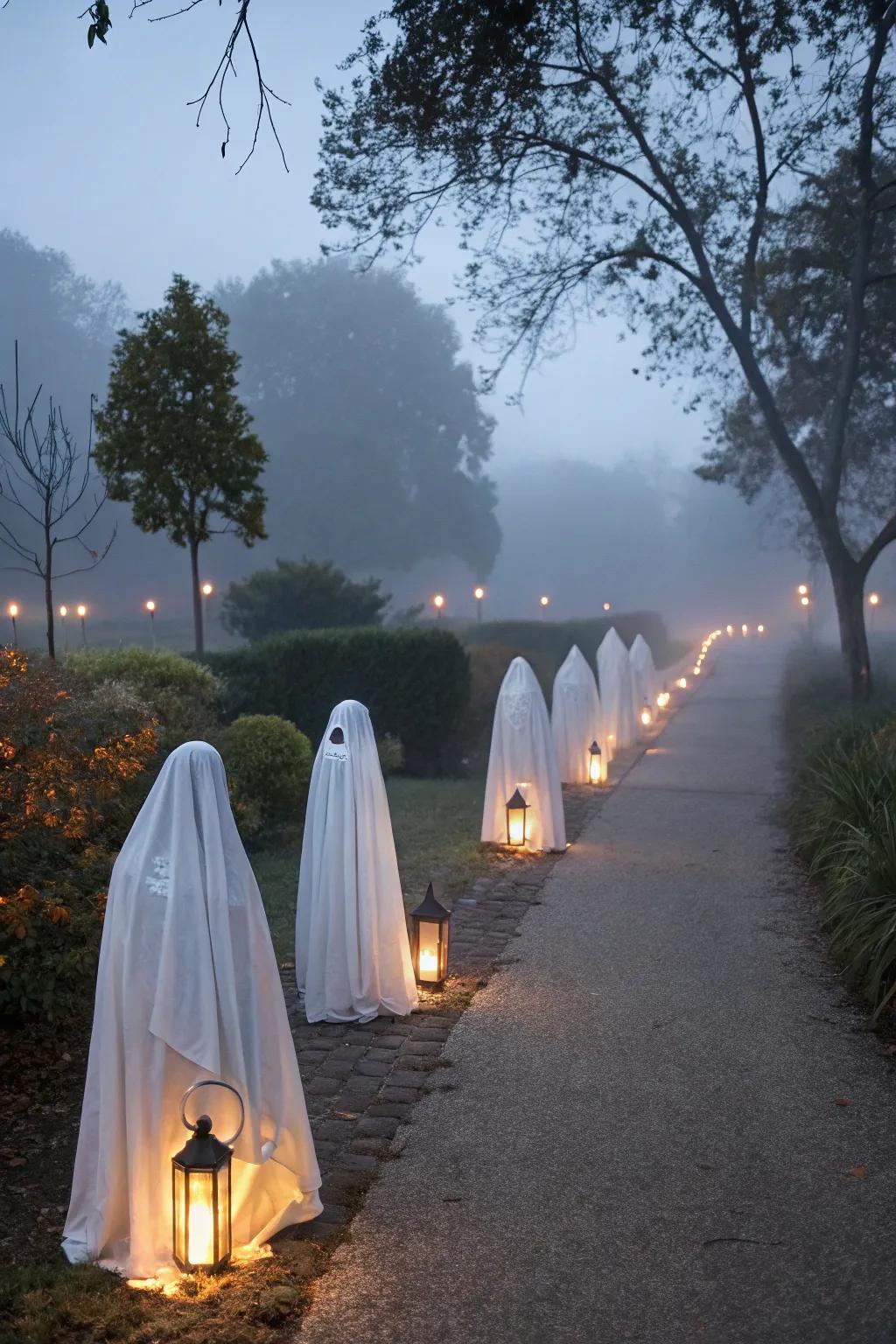 Phantasmic lamps light up a pathway with a subtle, enigmatic glow