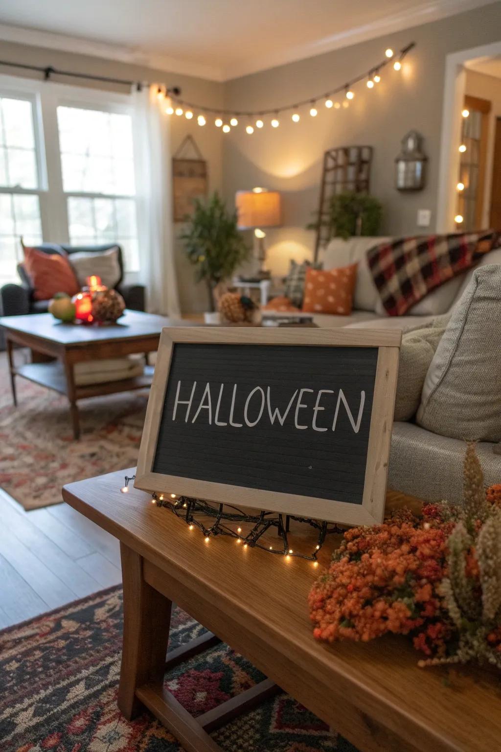 A versatile blackboard placard displaying a Halloween saying.