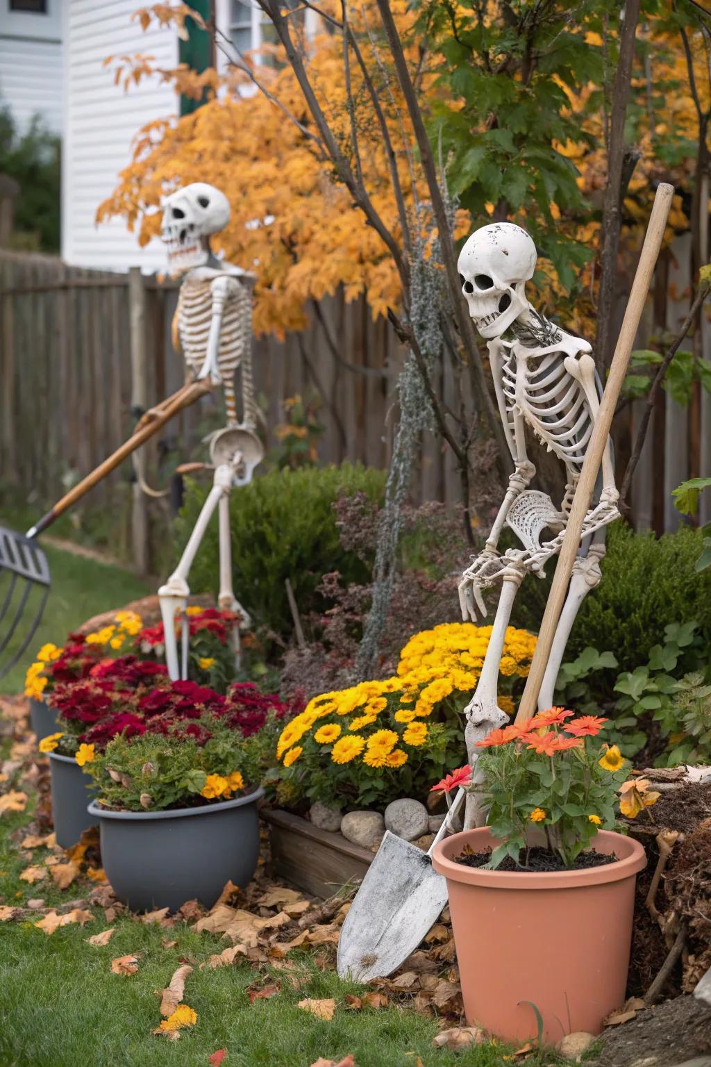 Botanical skeletons inject a playful factor to your outdoor Halloween decor.