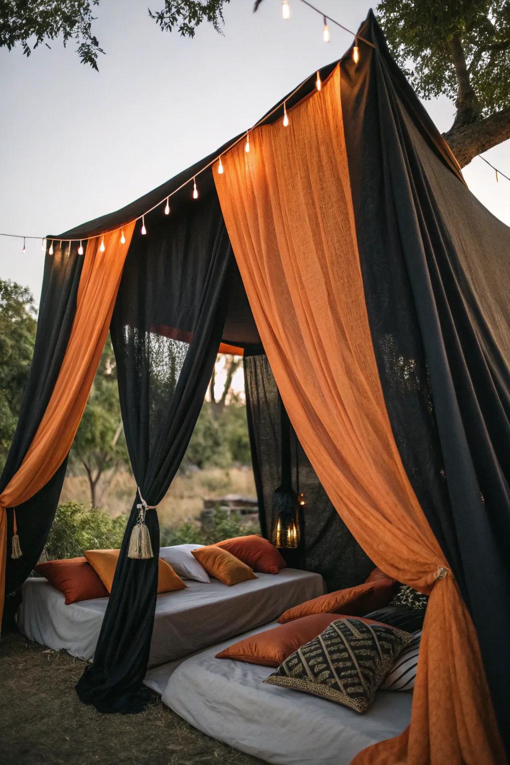 Elevate your tent's scenic effect using luxurious cloth hangings.