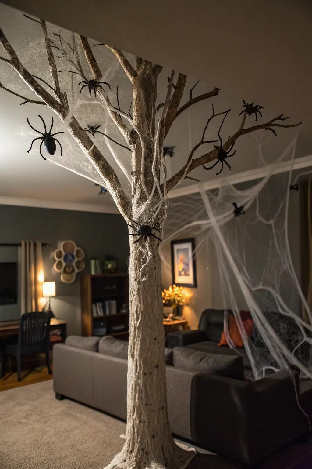 A Halloween tree showcasing a spine-chilling arachnid web motif.