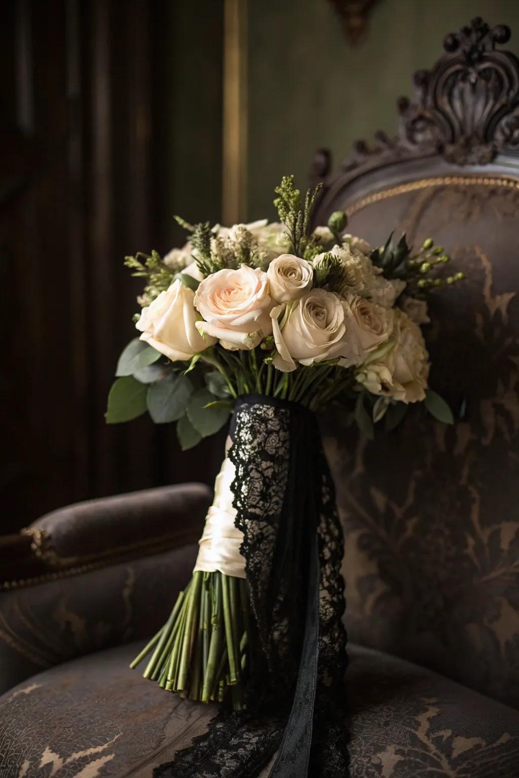 Lace-clad bouquets contribute vintage charm to wedding decor.