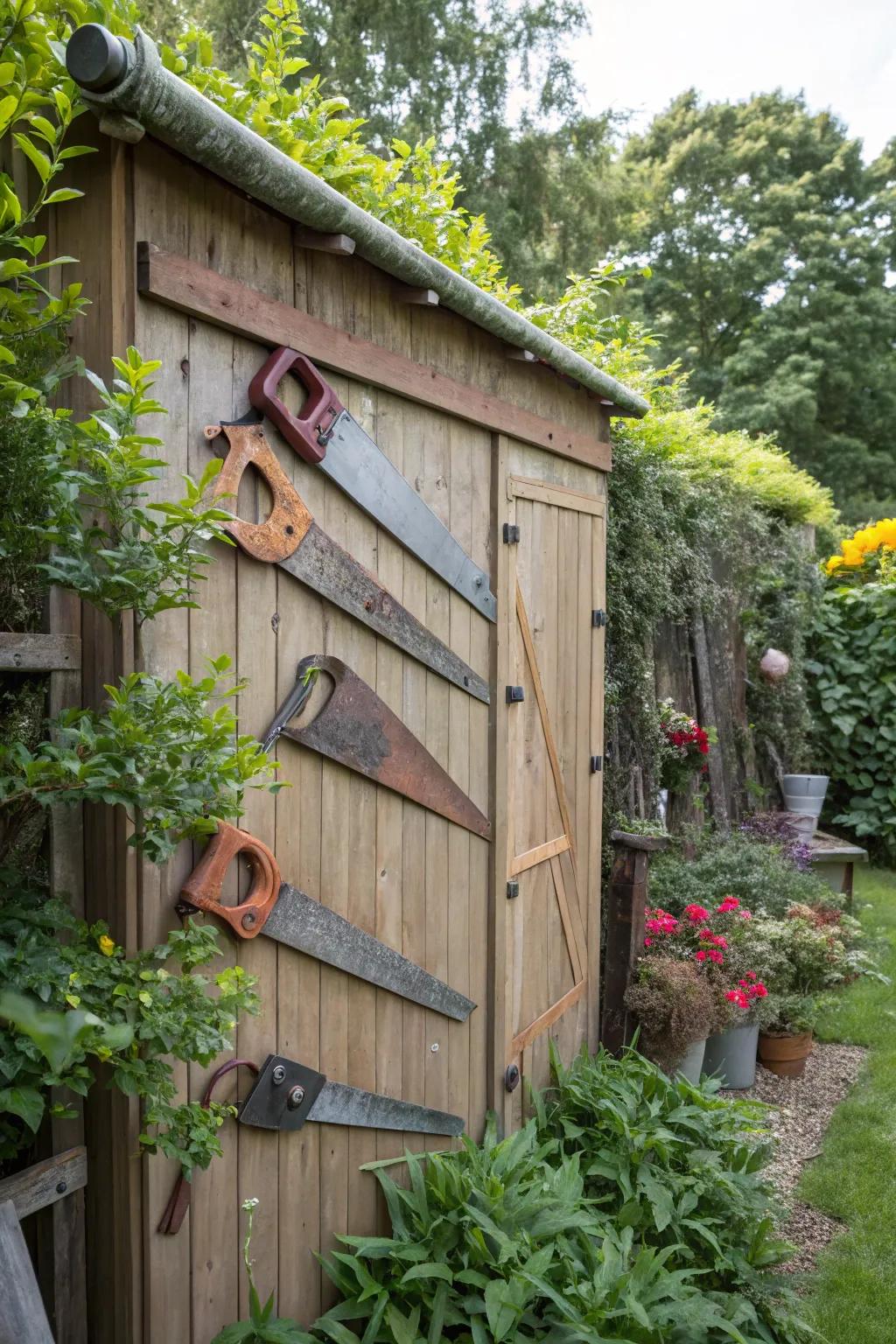 Handsaws arranged to form an impressive display on a garden shed.