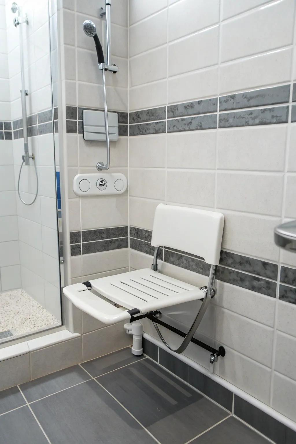 A collapsible seat provides adaptable seating choices within the shower.