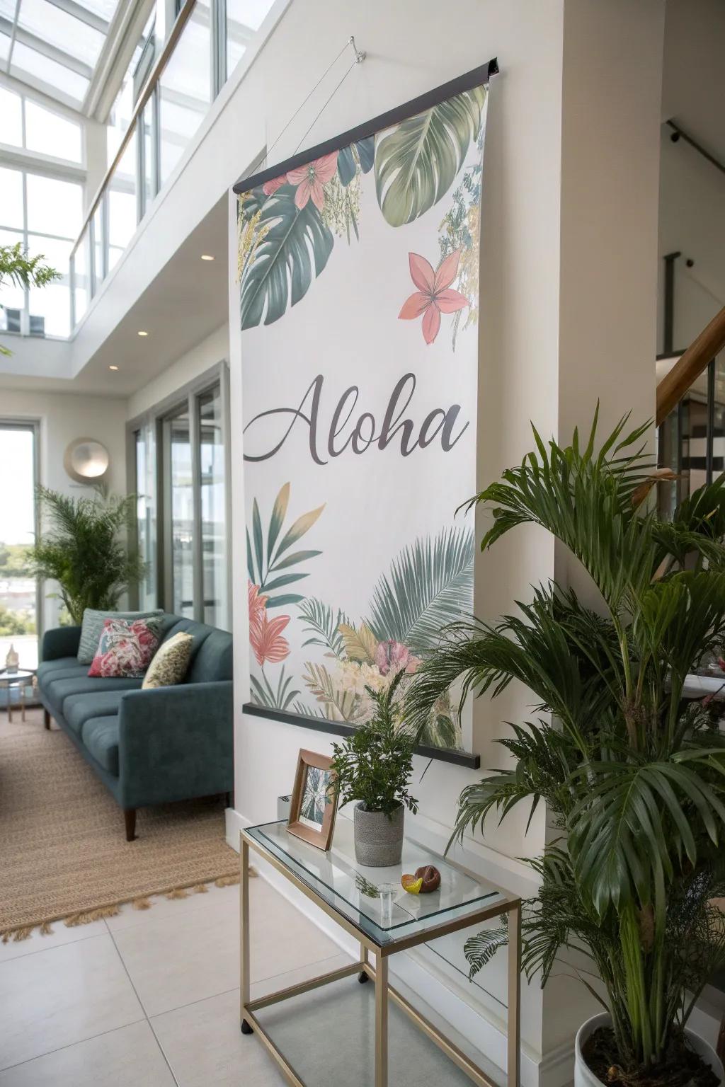 A wall decor piece showcasing the word 'Aloha' contributing warmth to a fashionable living space.