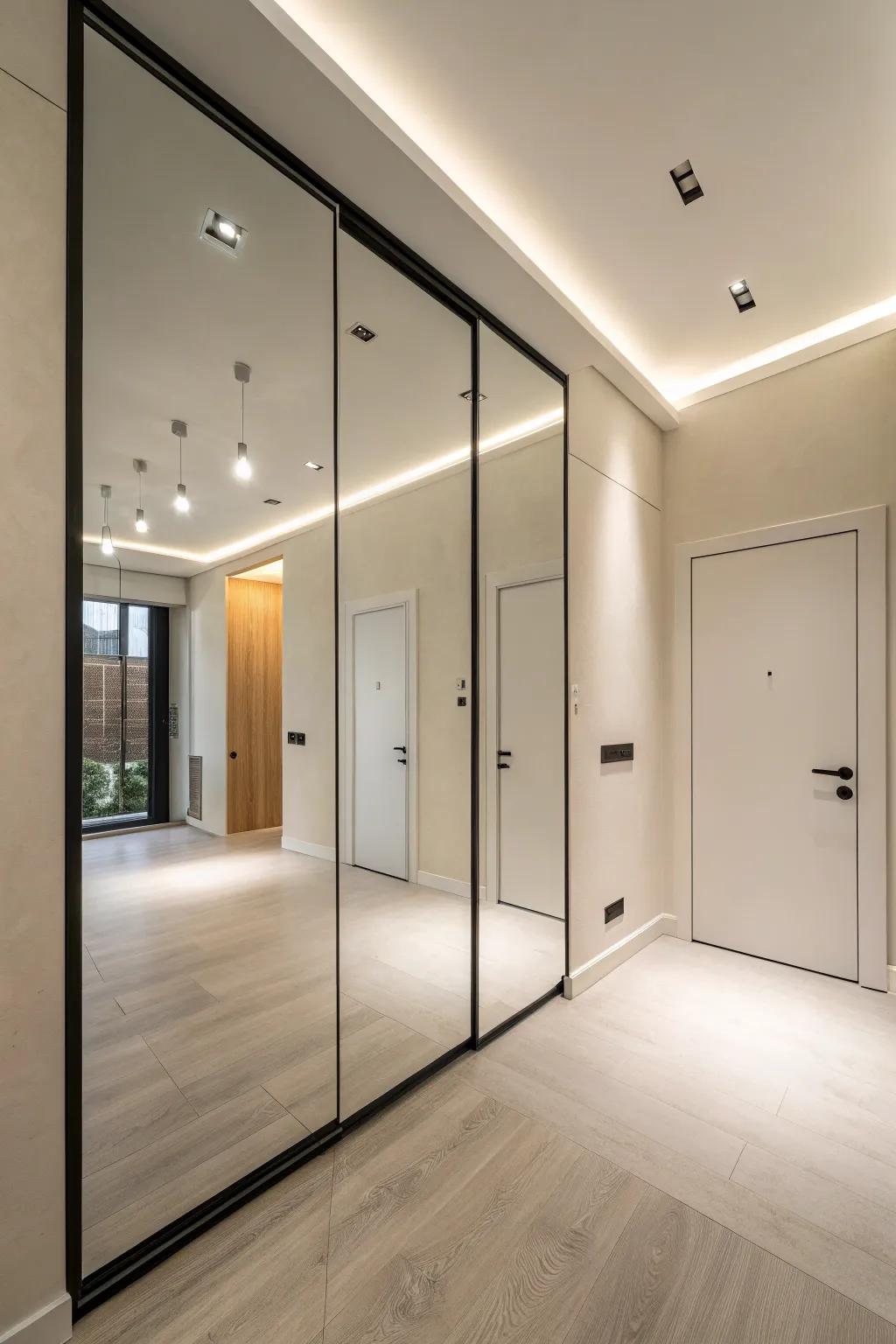 A streamlined mirror door complements a minimalist interior exquisitely.