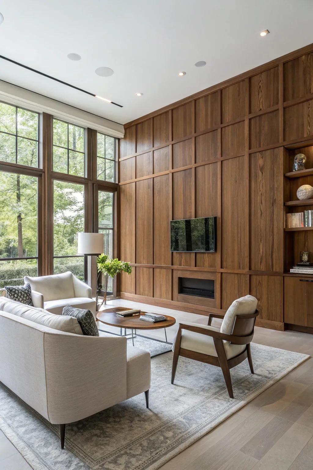 Decorative wood panels creatively concealing a climate control system and water heater.