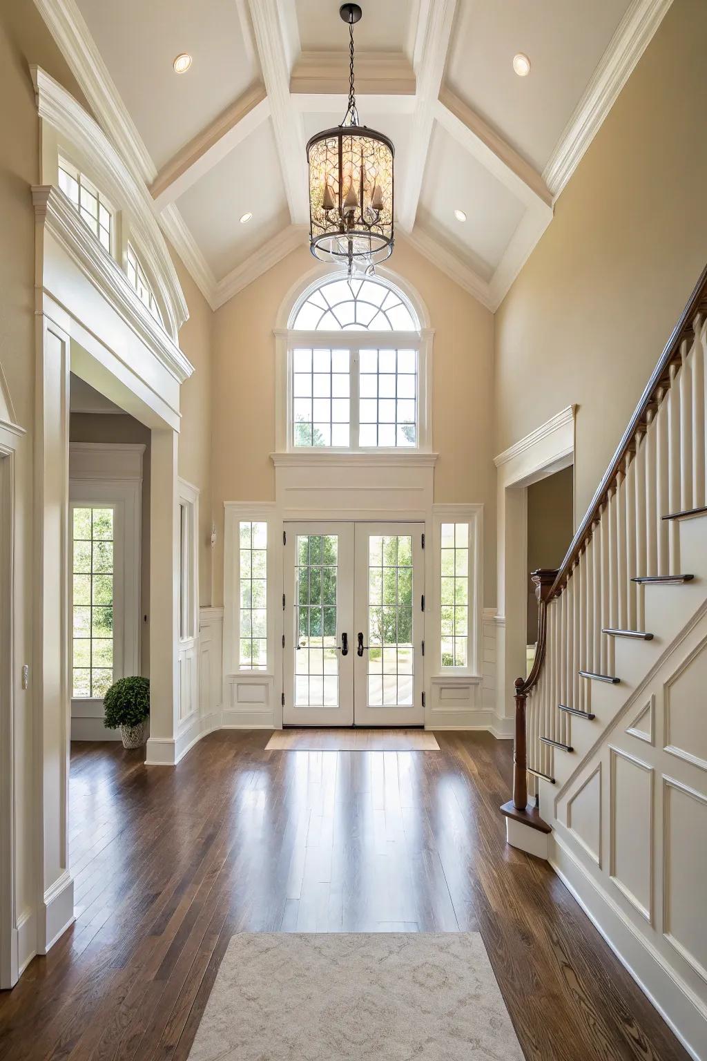 Understated tones enhance the luminosity and airy ambiance of this entryway.