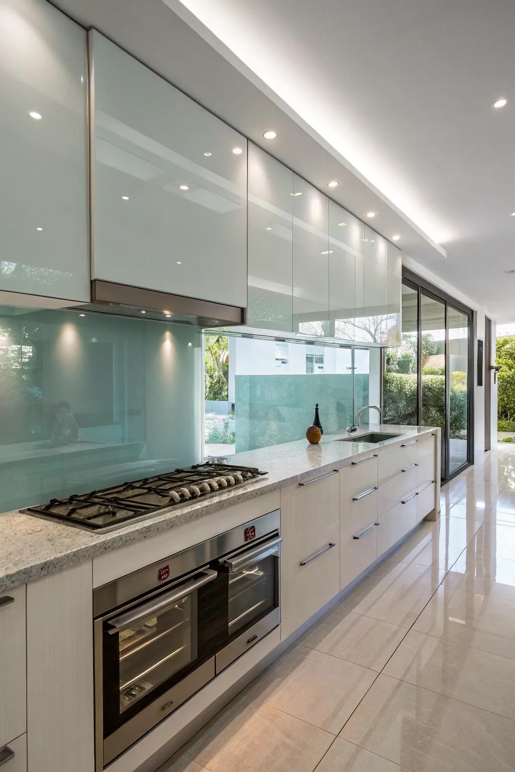 Elegant glass backsplash creates a modern culinary space.