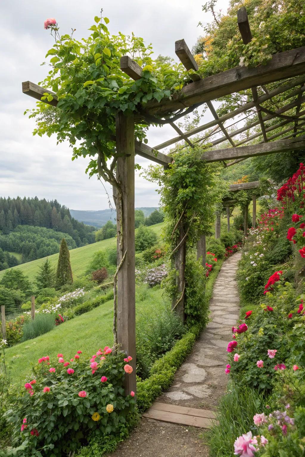 Standing elements like climbing frames add height and interest to a hillside garden.