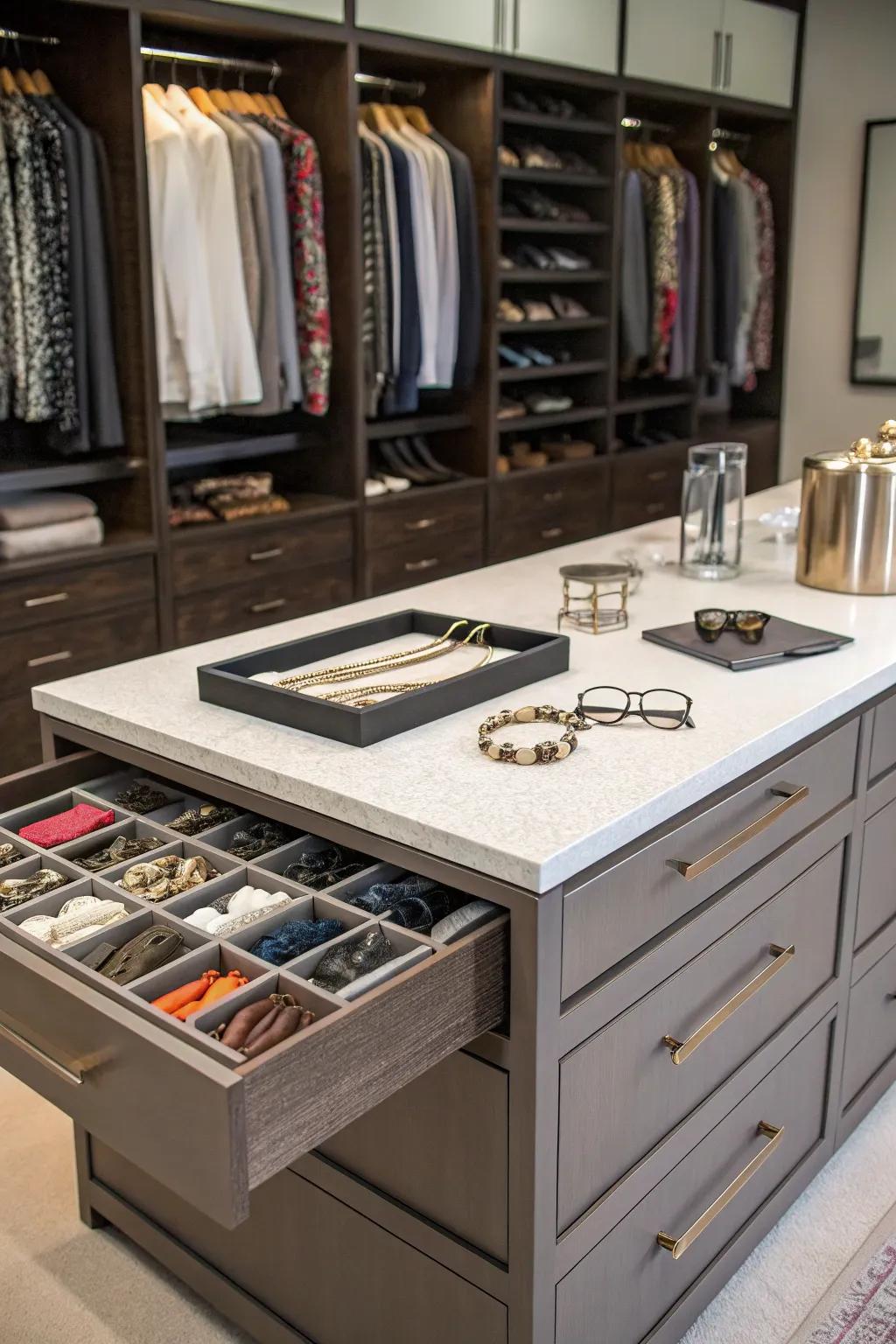 A central island enhances both utility and design to a shared closet.
