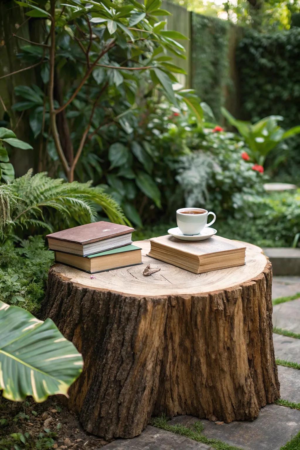 A country garden table fashioned using an old tree base.