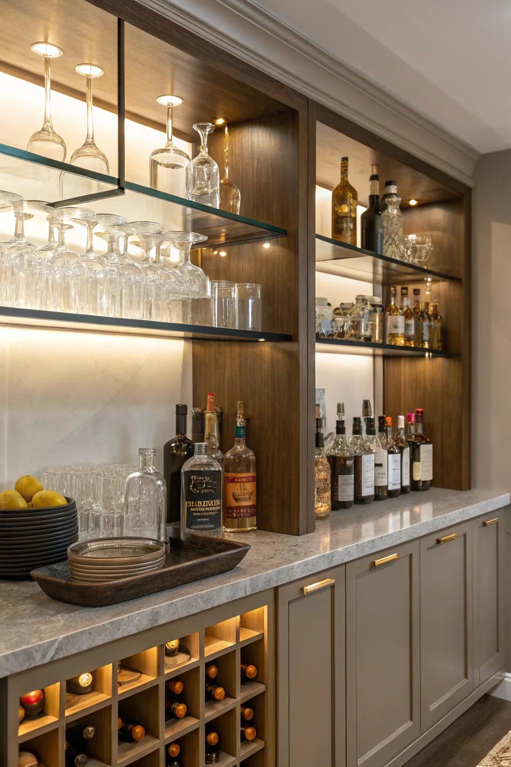 Open shelving beautifully displays your bar necessities.