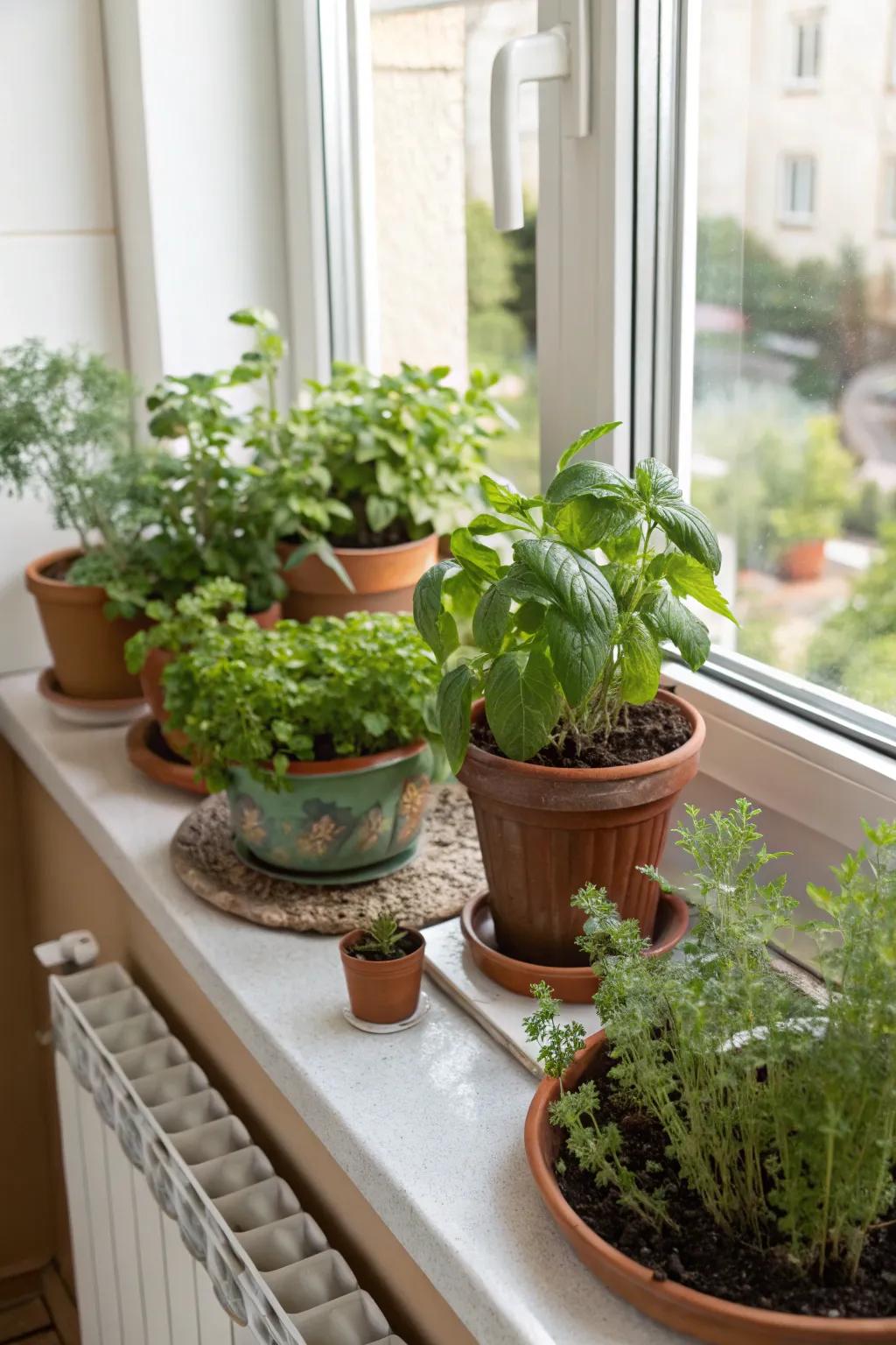 A bright kitchen shelf adorned with fresh herbs and plants.