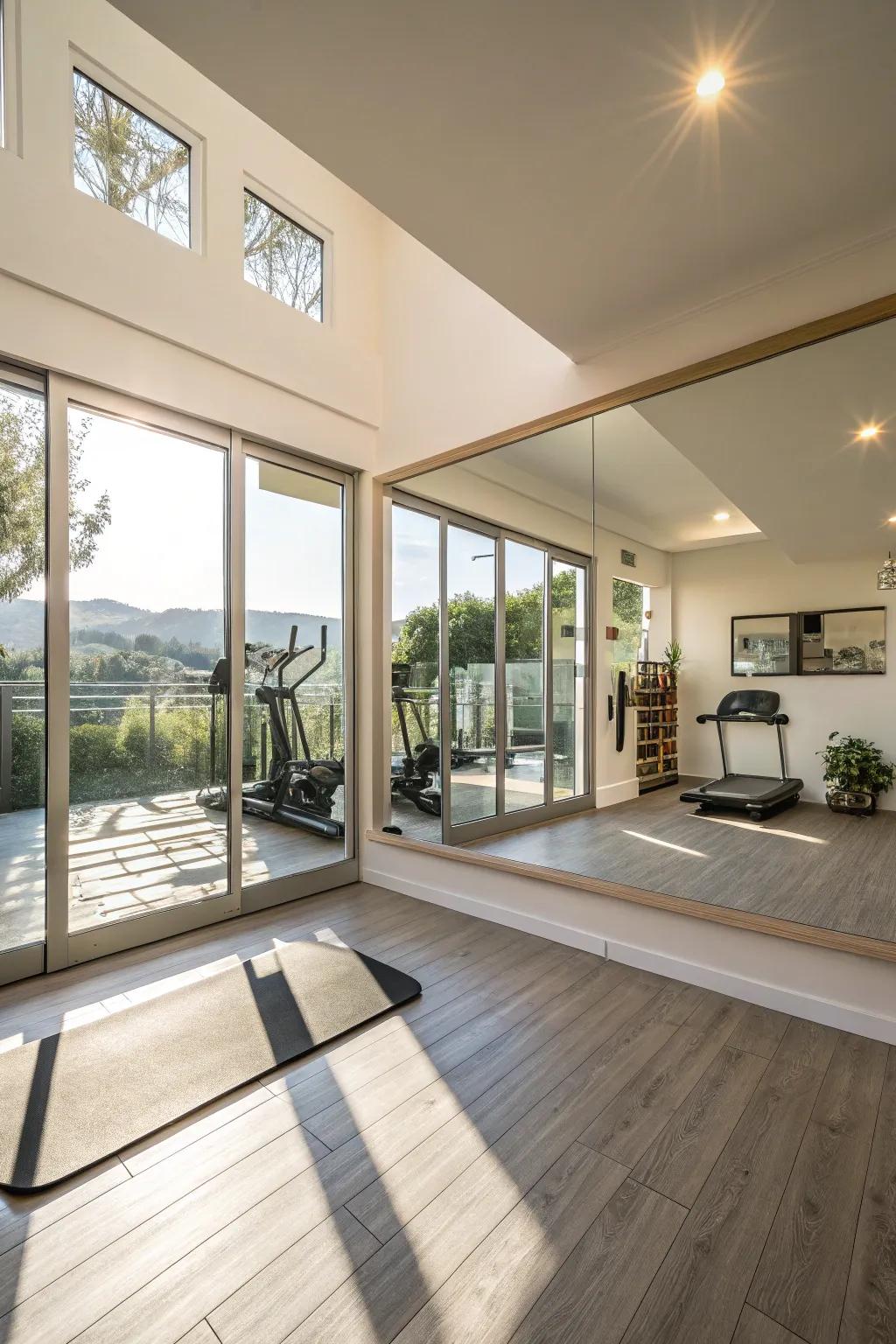 In this home gym, mirrors reflect sunlight to brighten the space.