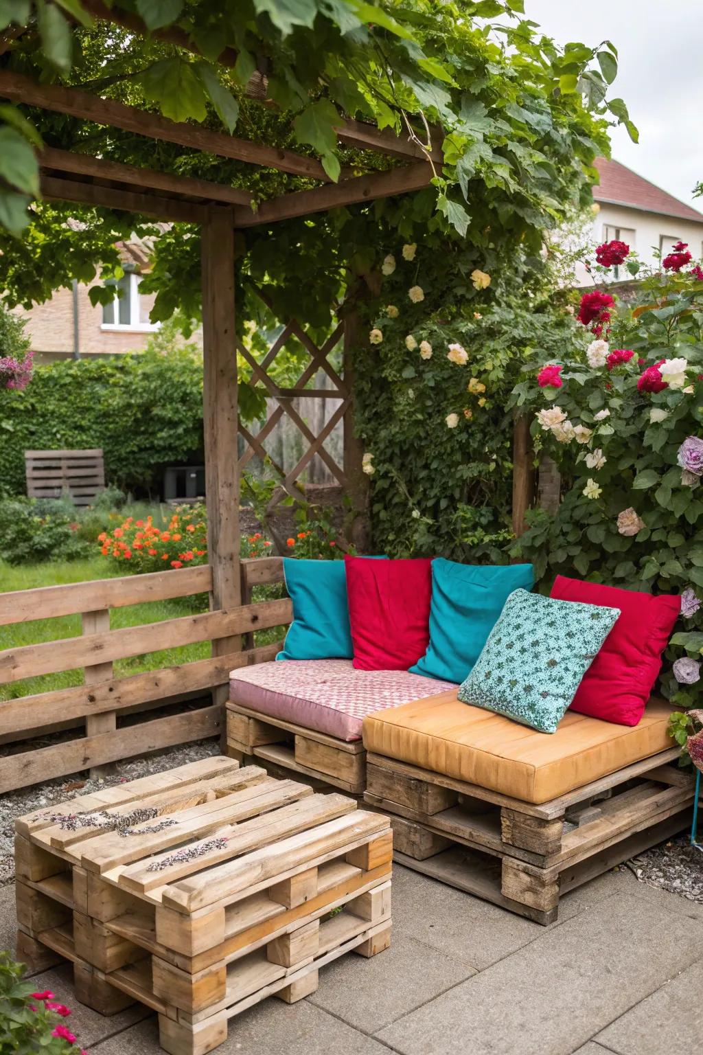 Pallets are transformed into welcoming garden furniture.
