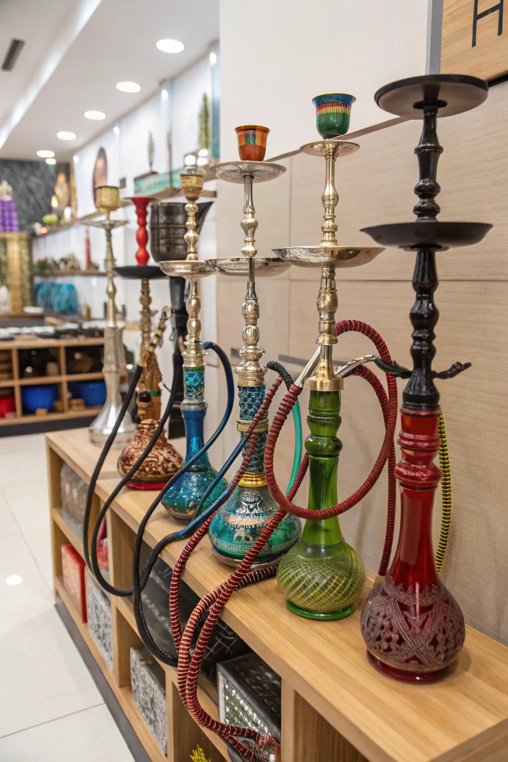 A display rack enhances the visual appeal and organization of smoking device storage.