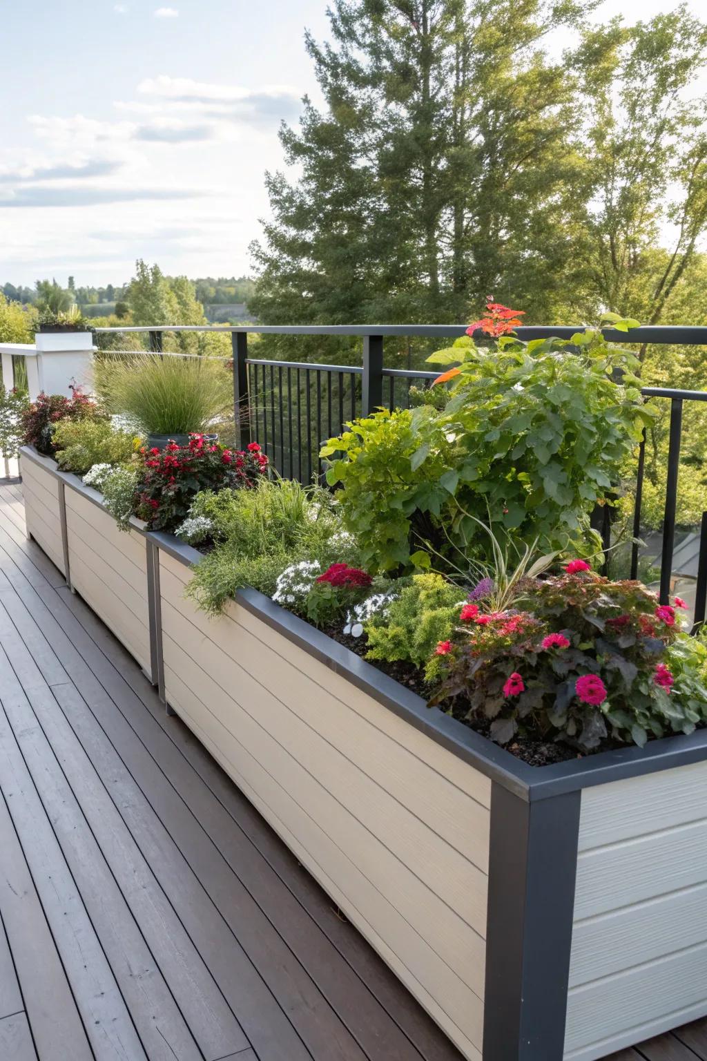 Flora containers integrated into skirting enrich the natural ambiance.
