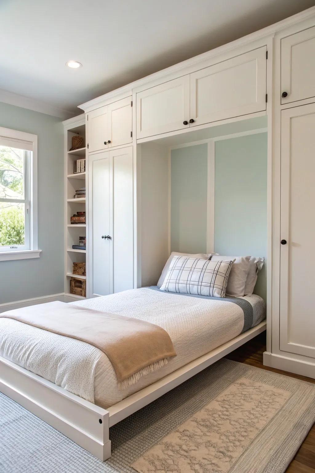A minimalist bedroom featuring a streamlined foldaway bed, perfect for contemporary living.