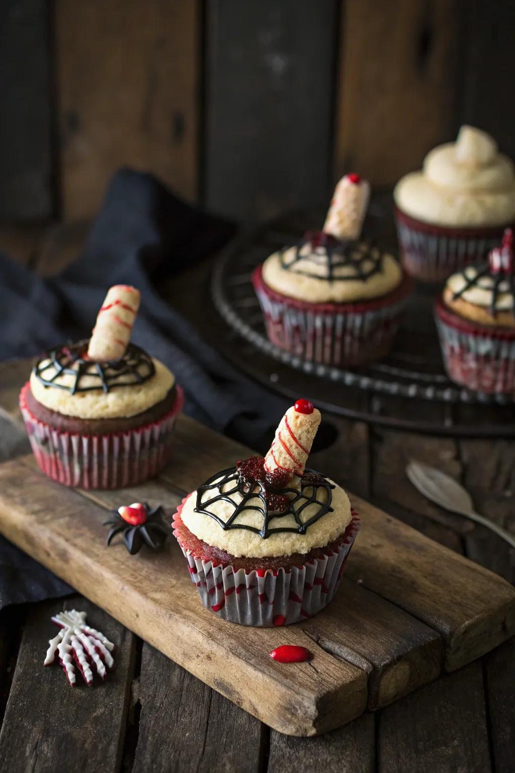 Cupcakes covered in severed fingers for a ghastly treat.