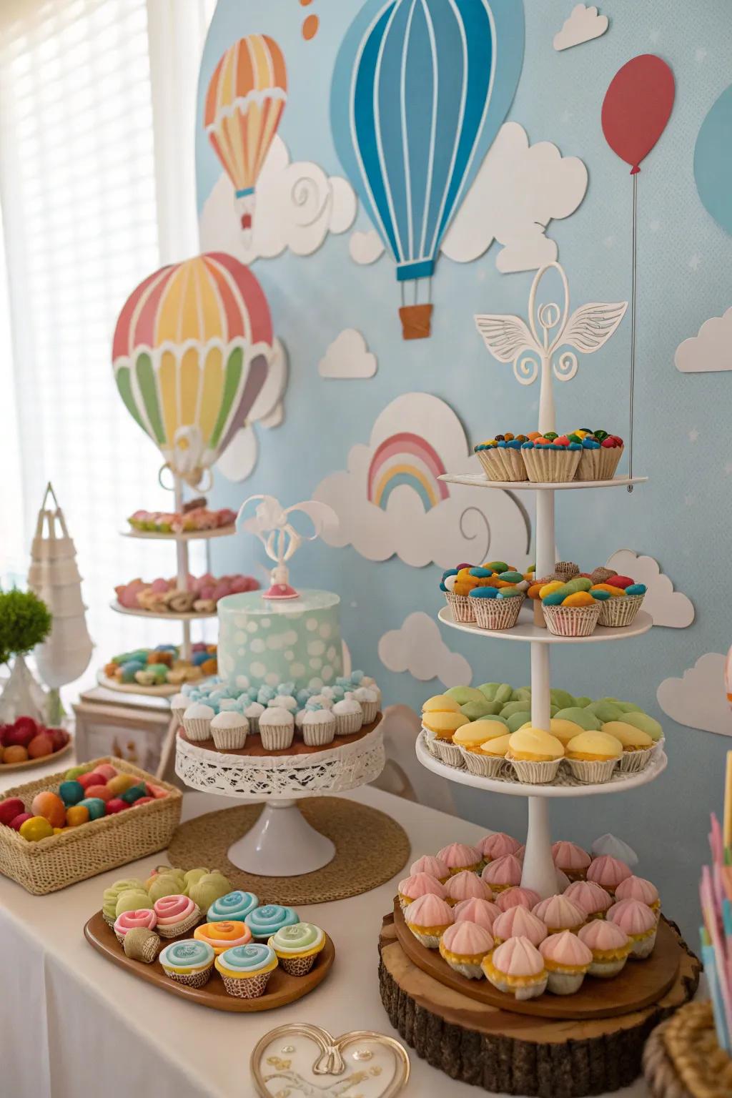 A sky-themed dessert arrangement featuring cloud-resembling delicacies.