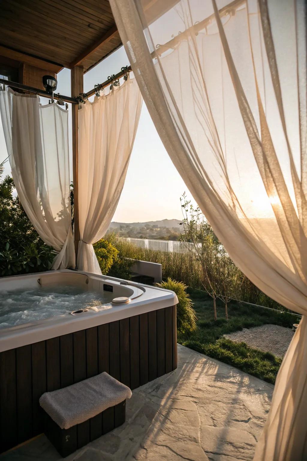 Exterior textiles provide adaptable privacy and a gentle aesthetic.