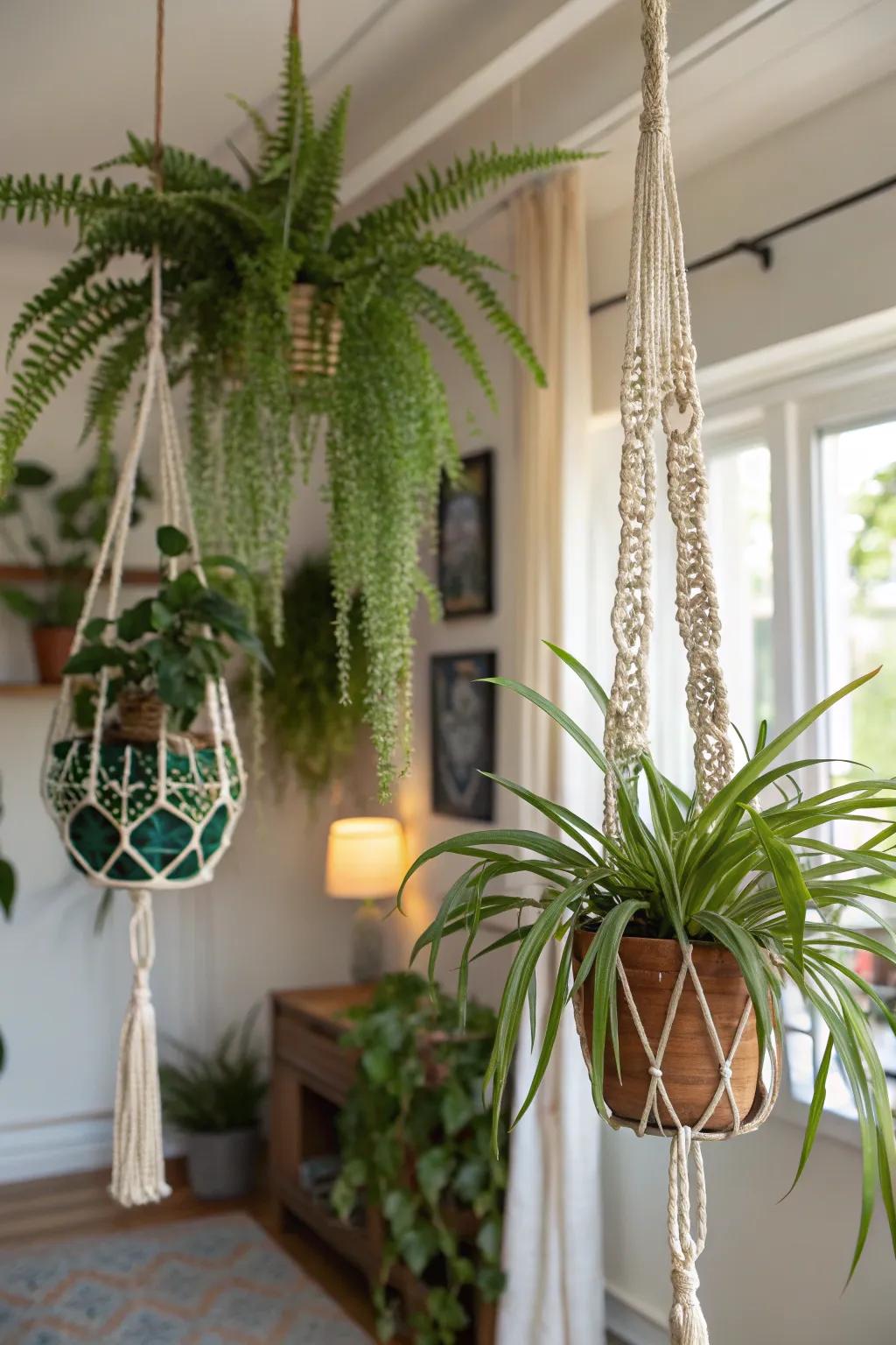 Suspended plants introduce a bohemian spirit to any space.
