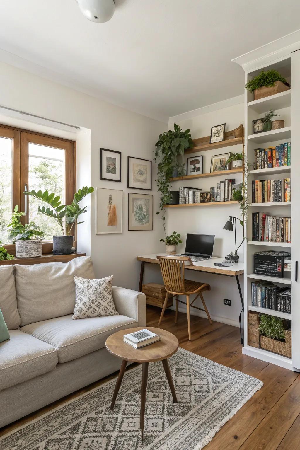 A resourceful multi-use area integrating a compact home office.