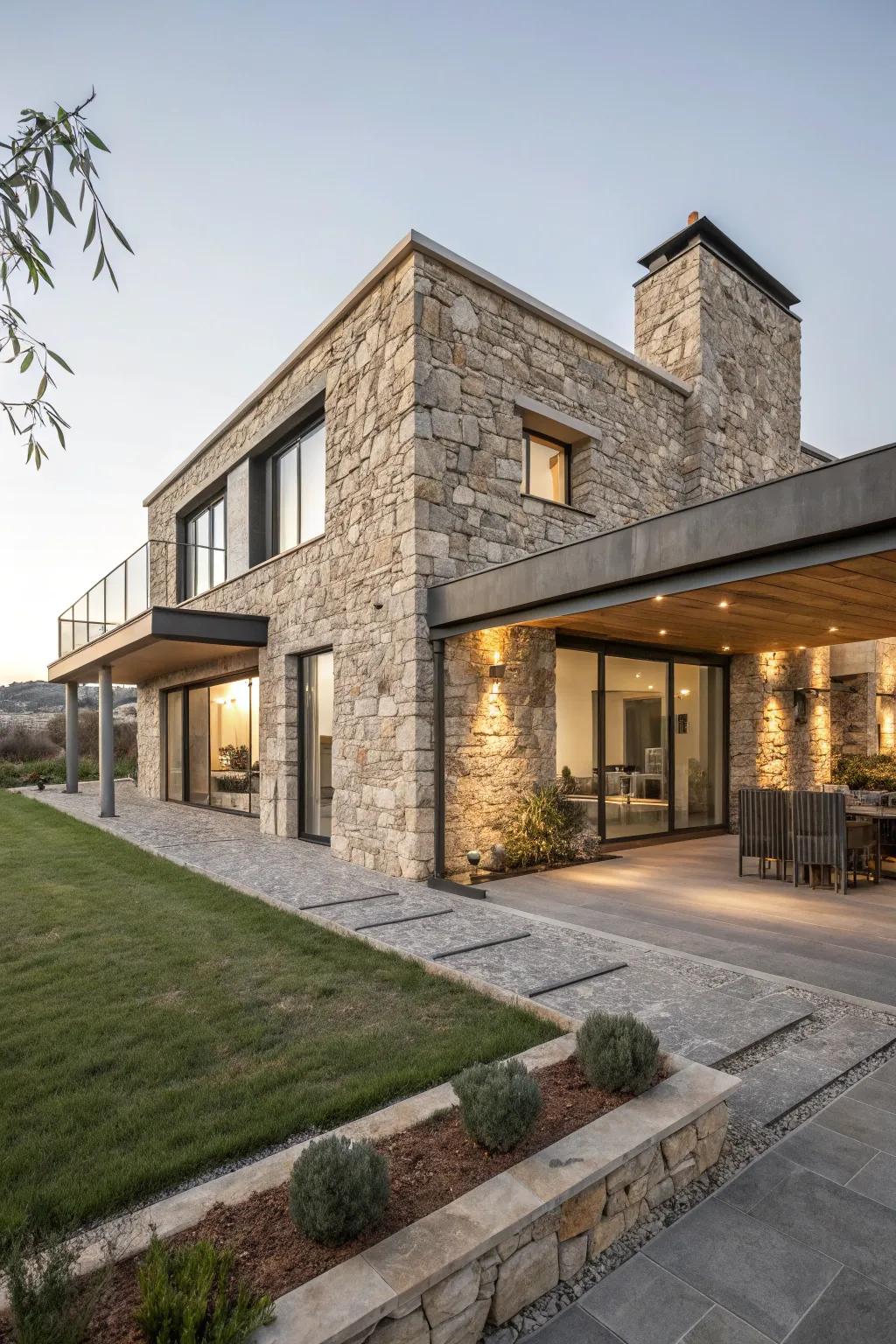 A contemporary home featuring rustic stone features.
