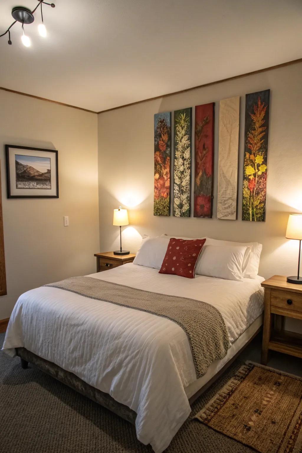 Intelligently placed wall art adds height and charm to a small bedroom.