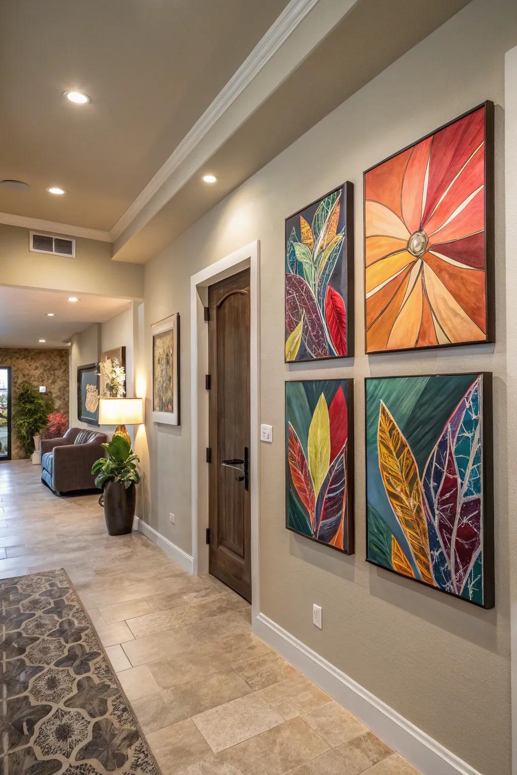 Eye-catching artwork brings personality and acts as a main attraction in the entryway.