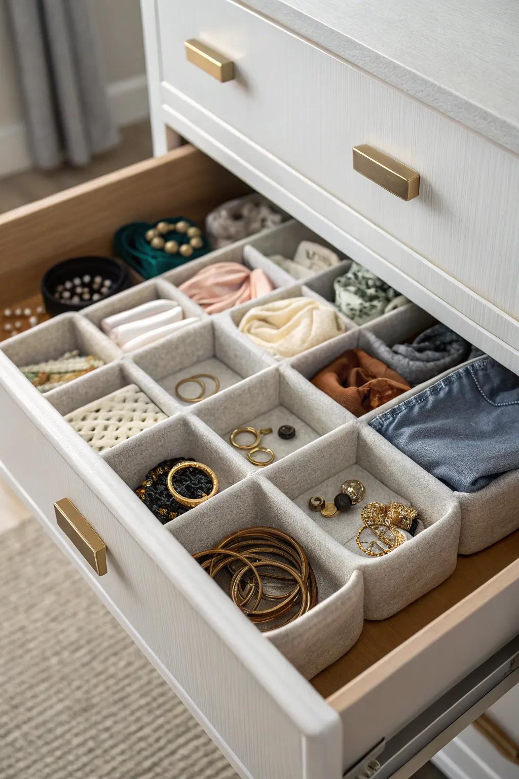 Mini bins nestled inside drawers enhance organization and article security.