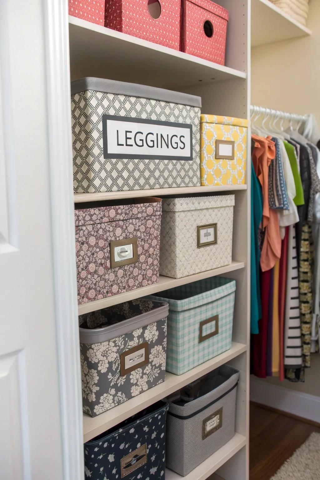 Employ receptacles and containers to categorize and stow leggings stylishly.