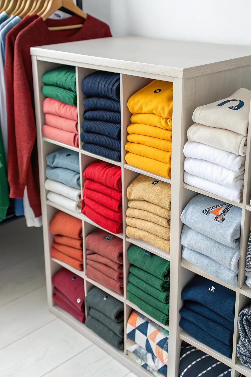 Cube storage is a stylish and organized way to display sweatshirts.