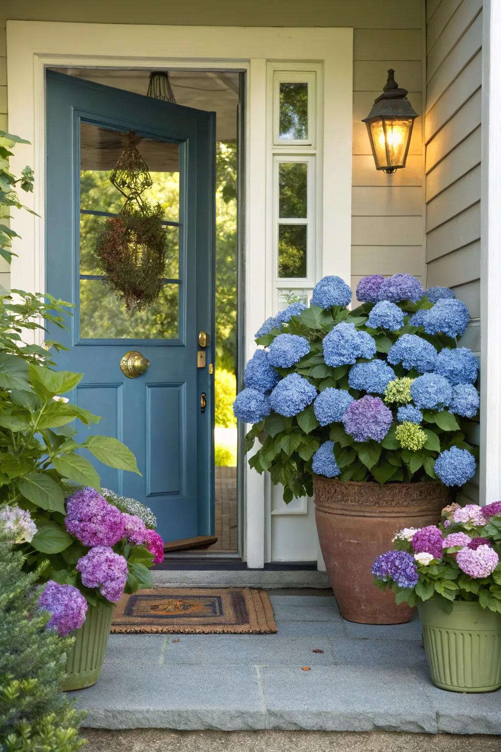 Hydrangeas in pots flanking a front entry, fashioning an inviting gateway.