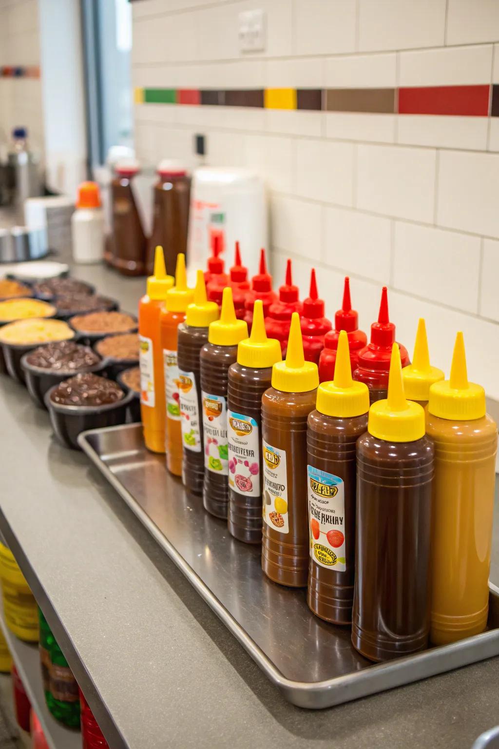 Squeeze bottles render sauce application a breeze.